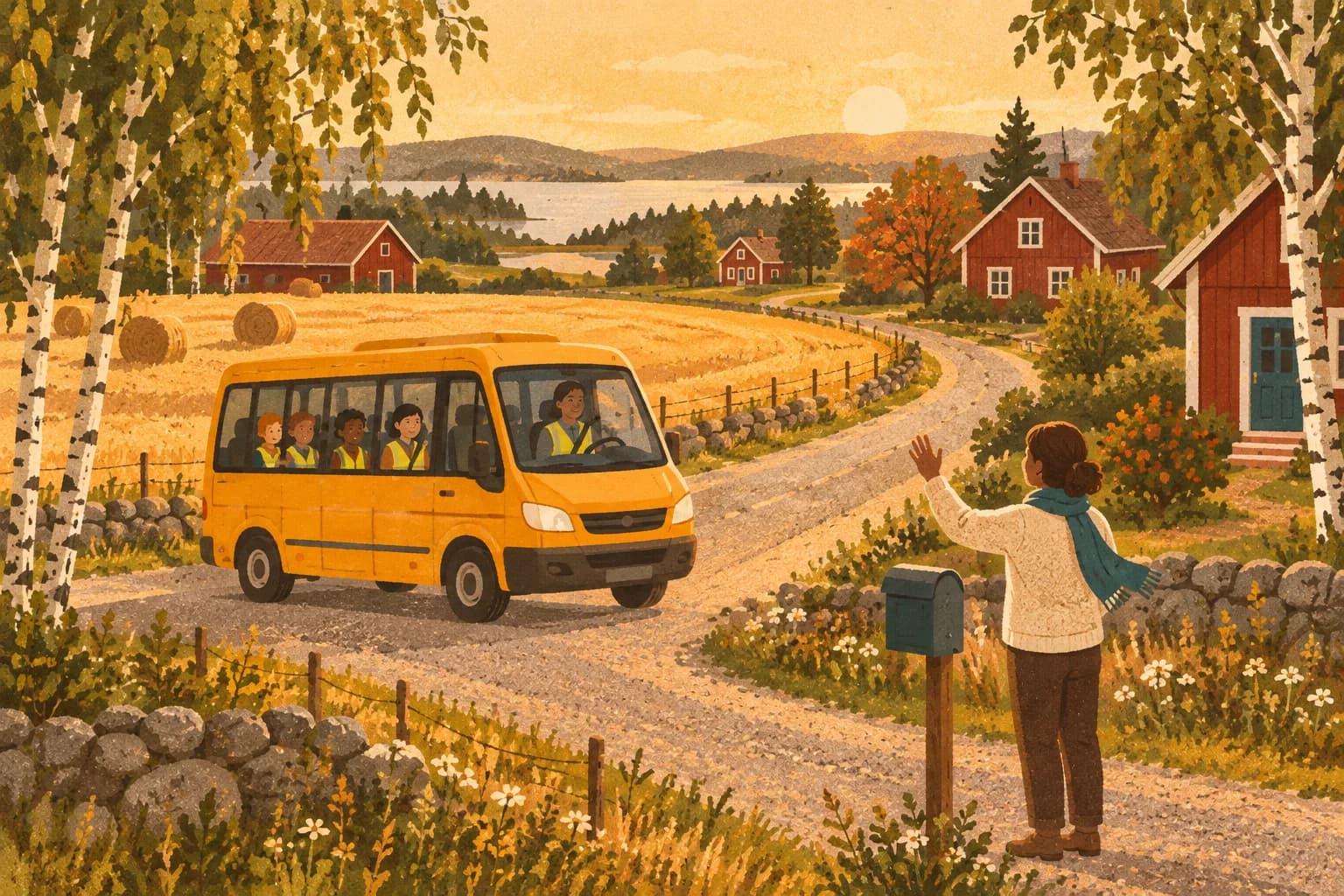 Skolbussen kör hemåt på en grusväg genom skördade fält medan en förälder vinkar vid brevlådan.