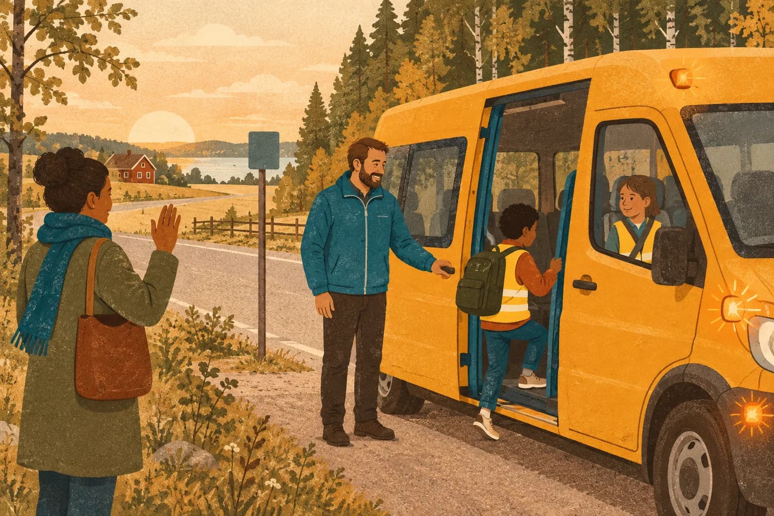 En chaufför håller dörren till en gul skolskjutsbuss medan ett barn i reflexväst kliver på och en förälder vinkar.