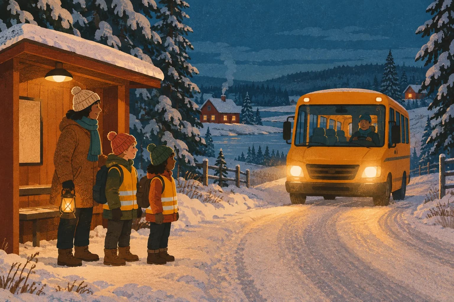 En mörk vintermorgon: två barn i reflexvästar och en vuxen med lykta väntar vid en upplyst hållplats när skolbussen kommer.